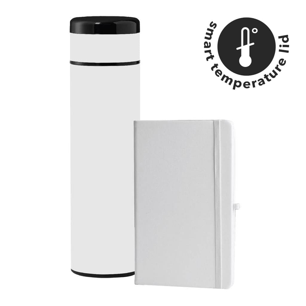 SARGAN - Vacuum Flask with Temperature Lid and Notebook Gift Set - White