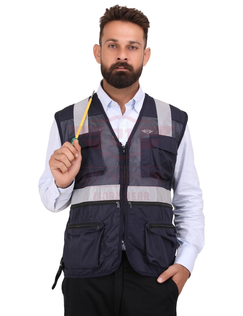 Safex Pro Safety Vest- Color: Navy Blue
Fabric: Polyester &amp; Air Mesh
GSM: 130