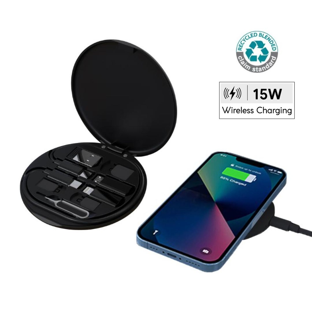 OSLO - @memorii Recycled 15W Wireless Charger Multi - Cable Set - Black